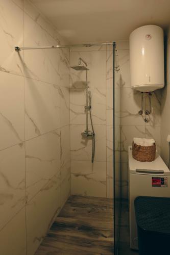a bathroom with a shower with a glass door at Adria Gold - Bayview - Luxury in Kotor