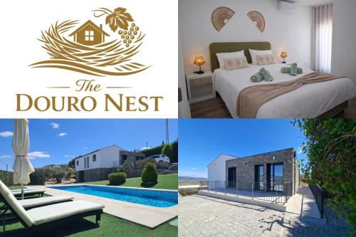 a collage of photos with a bedroom and a pool at The Douro Nest in Valença do Douro