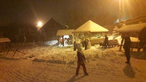 a group of people standing in the snow at night at Pensiunea Sarah Bran in Bran