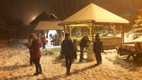 a group of people standing in the snow at Pensiunea Sarah Bran in Bran