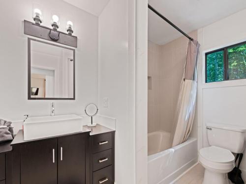 a bathroom with a sink and a toilet and a mirror at Kabin Kleighp Maggie Valley in Maggie Valley