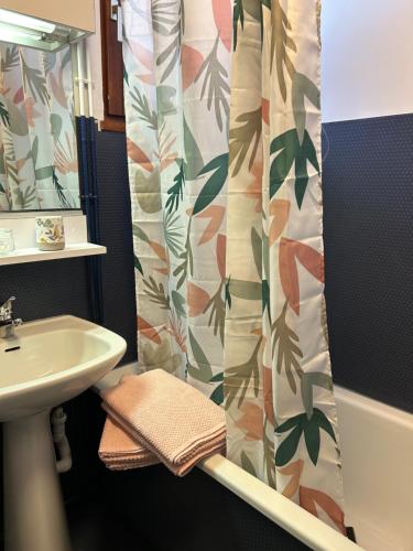 a bathroom with a sink and a shower curtain at Le Charme du Gaschney in Muhlbach-sur-Munster