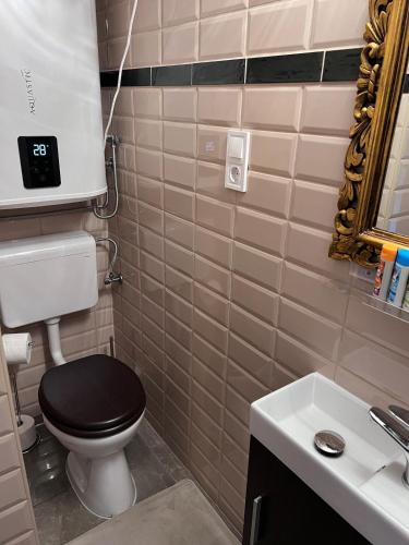 a bathroom with a black toilet and a sink at Venus Casa in Solt