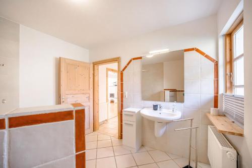 a bathroom with a sink and a mirror at Odin in Goltoft