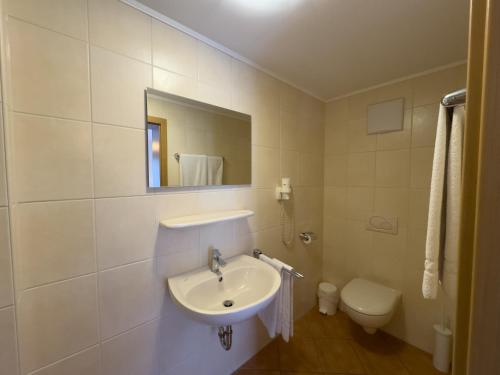 a bathroom with a sink and a toilet and a mirror at Ley Hotel in Klotten