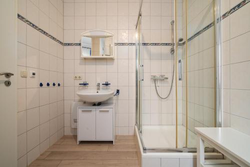 a bathroom with a sink and a shower at Ferienwohnung Haus Vietzen 2 in Rechlin