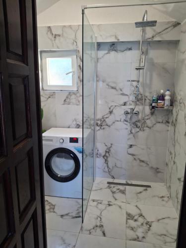 a bathroom with a toilet and a glass shower at Vila Violeta in Donji Morinj