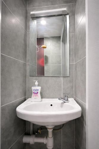 a bathroom with a white sink and a mirror at The Cozy Cube at Tsavo Sunset in Nairobi