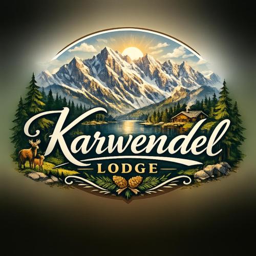 a logo for karvanald lodge with a mountain scene at Karwendel Lodge in Mittenwald