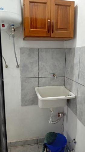 a bathroom with a sink in the corner of a room at Iguazú Home & Relax in Puerto Iguazú