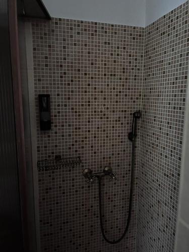 a shower in a bathroom with tiled walls at Cseligevi Vendégház in Szekszárd
