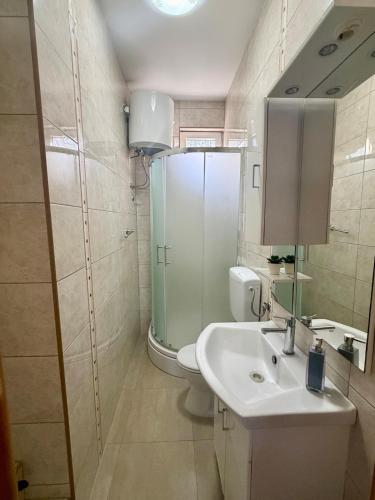 a bathroom with a sink and a toilet and a mirror at AS Holiday Home in Ljubuški