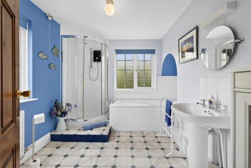 a blue and white bathroom with a shower and a sink at 3 Bed in Braunton oc-ashb in Braunton