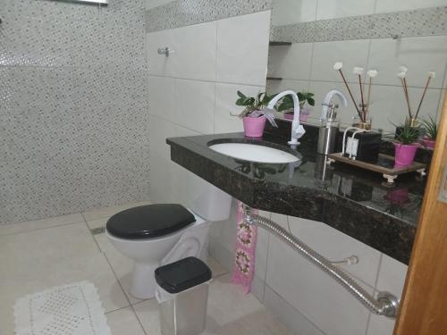 a bathroom with a toilet and a sink and a counter at Quarto Rustico em Alfenas in Alfenas