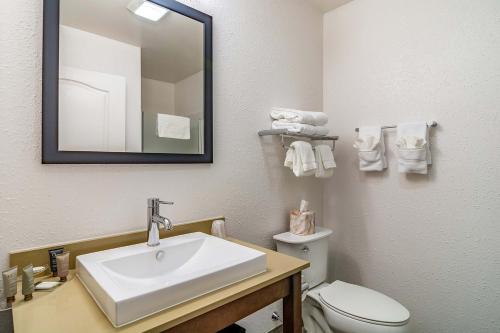 a bathroom with a sink and a toilet and a mirror at Riverview Inn & Suites, an Ascend Collection Hotel in Rockford