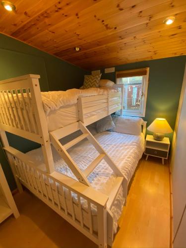 a bedroom with two bunk beds in a cabin at Afon Lodge in Maesmynis