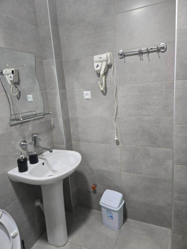 a bathroom with a sink and a mirror and a toilet at Gurgen Cottage in Ureki