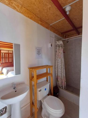 a bathroom with a white toilet and a sink at Casa Hospedaje el Prado Eco turismo in Oxapampa