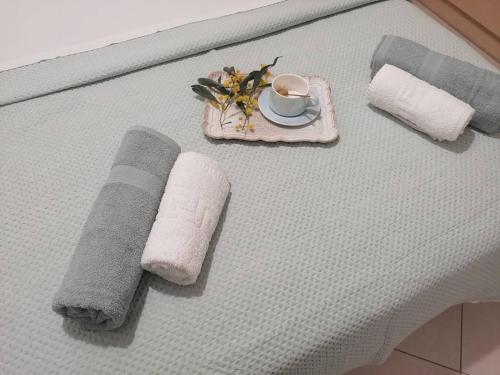 a table with towels and a cup and a plate at Eleni Apartment in Perdika
