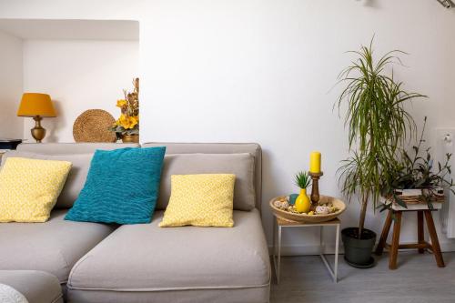 a living room with a couch with pillows and plants at Elegante Attico Fronte Lago - Casa Barozzi in Luino