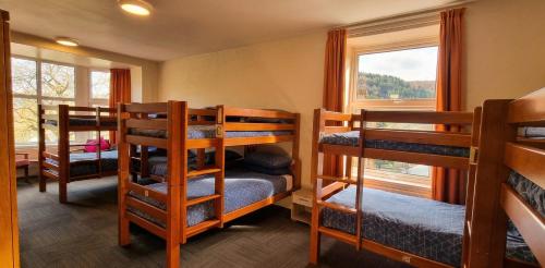 a room with three bunk beds and a window at Woodlands Centre in Betws-y-coed