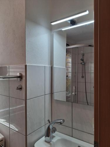 a bathroom with a shower and a sink and a mirror at Appartement Ruhe mit zwei Schlafzimmern in Enkirch