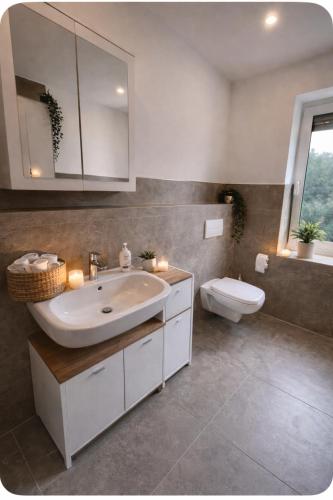 a bathroom with a sink and a toilet at Apartment Heide in Soltau