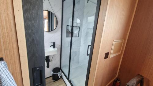 a bathroom with a glass shower with a sink at Nyth - Nest Llangollen in Llangollen