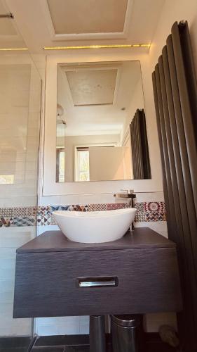 a bathroom with a sink and a large mirror at Courtyard Apartament in Ballymore