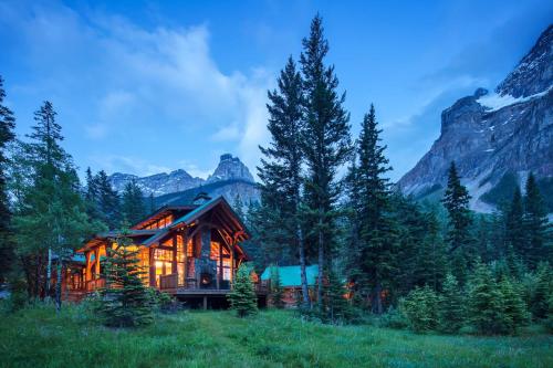 a log cabin in the woods with a mountain at Cathedral Mountain Lodge in Field