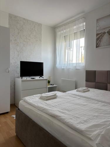 a bedroom with two beds and a flat screen tv at Barka Vendégház Tisza-tó in Abádszalók