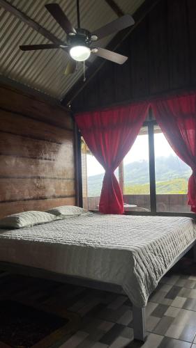a bedroom with a bed with a ceiling fan and a window at Cabañas 2 Alajuela, San Carlos, Venecia, Marsella in Pueblo Nuevo