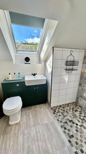 a bathroom with a toilet and a sink and a skylight at The Coach House in Torpoint