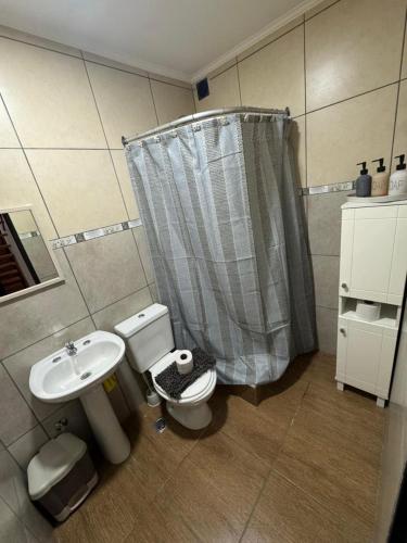 a bathroom with a shower and a toilet and a sink at Las raíces departamentos in Ushuaia