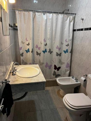 a bathroom with a toilet and a shower curtain with butterflies at El rincon del viajero deptos in San Francisco del Monte de Oro