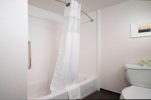 a white shower curtain in a bathroom with a toilet at Hampton Inn & Suites La Porte, TX in La Porte