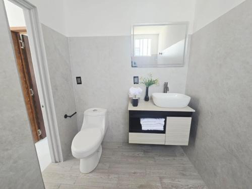 a bathroom with a white toilet and a sink at Casa amplia para grupos Remodelada y centrica in Guadalajara