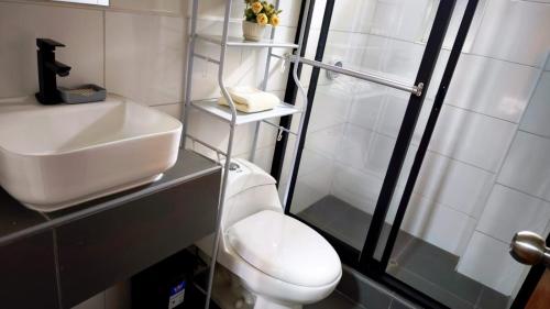 a bathroom with a shower and a toilet and a sink at Böttger Haus in Oxapampa