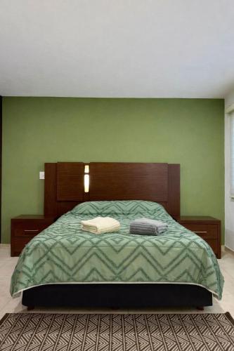 a bedroom with a bed with a green wall at Cozy Loft with Air Conditioning and WiFi near Poliforum Leon Gto in León