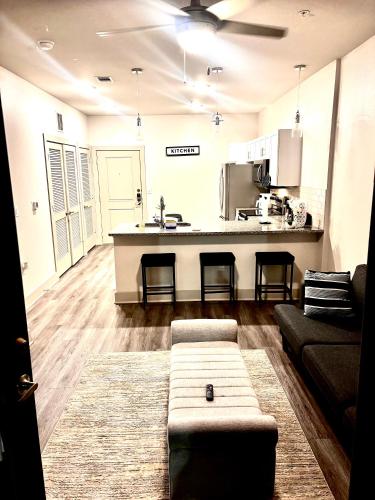 a living room with a couch and a kitchen at New! 1 Bed 1 Bath Medical Center NRG Area Middle of Everywhere in Houston