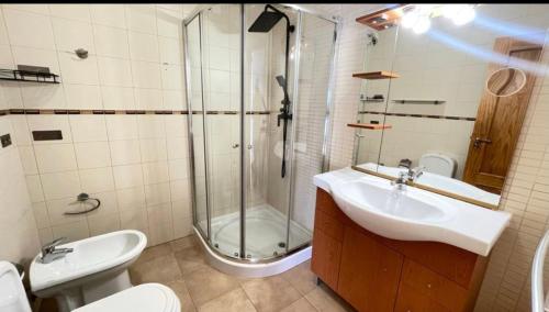 a bathroom with a shower and a sink and a toilet at Renaissance sunrises inn in Portimão