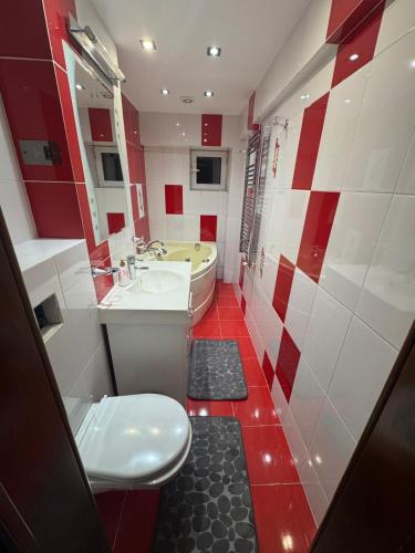 Ein rot-weißes Badezimmer mit Toilette und Waschbecken in der Unterkunft Apcentral in Fălticeni
