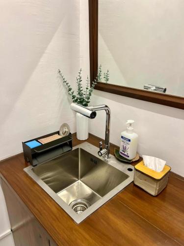 a kitchen sink with a potted plant on a counter at Baler Modern Studio Loft Haven in Baler