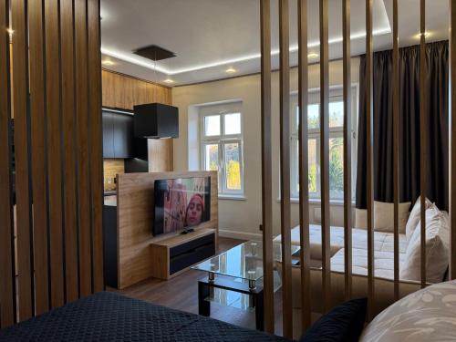 a room with a bed and a tv and a table at Apartament GreenHills 3 in Wałbrzych
