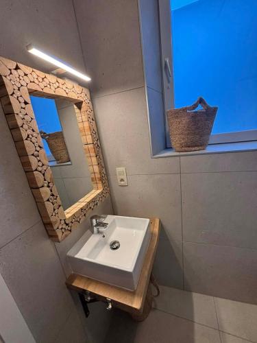 a bathroom with a sink and a mirror at Bivouac 101 in Bastogne