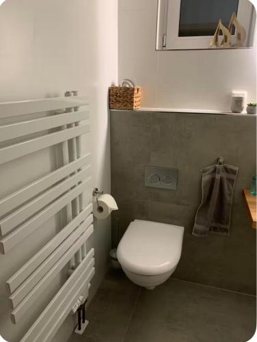 a bathroom with a white toilet and a mirror at Souterrain Appartment, eigene Dusche u WC in Detmold