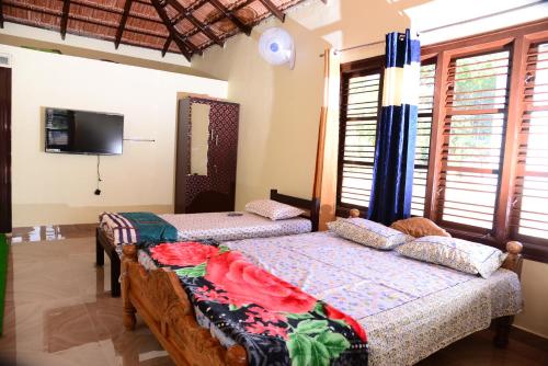 two beds in a room with a tv and windows at BlueMoon Homestay - Near to Falls and View Points, Home Food & Estate in Sakleshpur