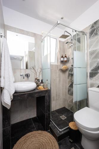 a bathroom with a shower and a sink and a toilet at Athenean Sea Breeze in Vari