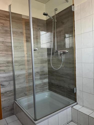 a shower with a blue tub in a bathroom at Haus Panorama Sankt Andreasberg in Sankt Andreasberg