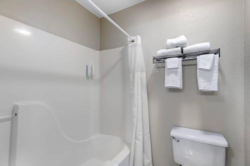 a bathroom with a shower and a toilet and towels at Econo Lodge Longmont East in Longmont